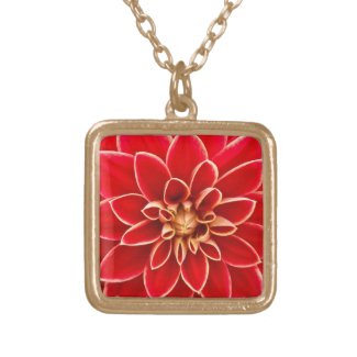 Red Hot Dahlia blossom Square Pendant Necklace