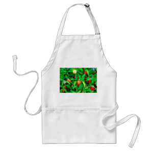 red hot peppers in green leaves apron