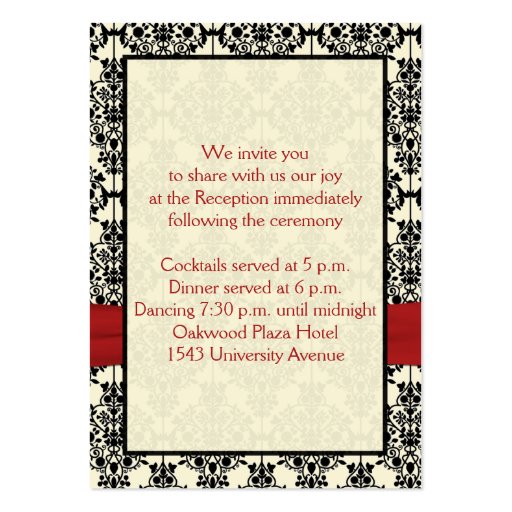 Red, Ivory, and Black Damask Reception Card Business Card Template (back side)