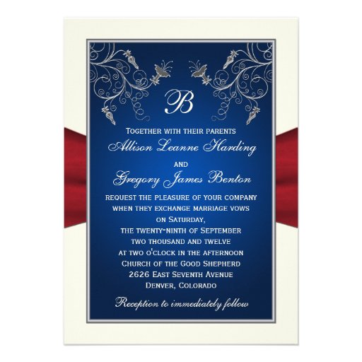 Red Ivory Blue Floral Monogram Wedding Invitation