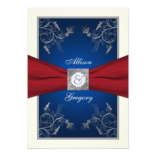Red Ivory Blue Floral Monogram Wedding Invitation