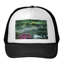 Red Japanese garden scene flowers Hats