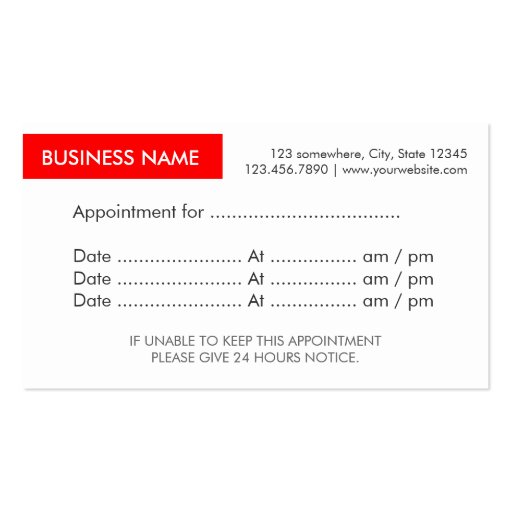 Red Label Appointment Reminder Business Cards (front side)