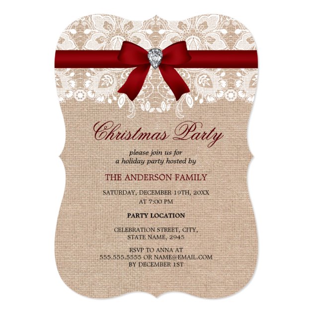 Red Lace & Burlap Christmas Party Invitation (front side)