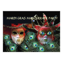 RED LADY AND JESTER MASK WITH  PEACOCK FEATHERS CUSTOM INVITES