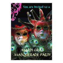 RED LADY AND JESTER MASK WITH  PEACOCK FEATHERS CUSTOM INVITE