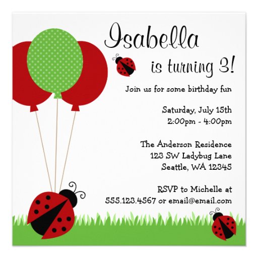 Red Ladybug Balloons Birthday Party Invitations
