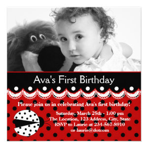 Red Ladybug Girls Photo 1st Birthday Party Announcement