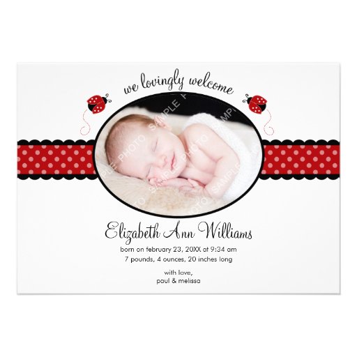 Red Ladybug Polka Dot Photo Birth Announcement (front side)