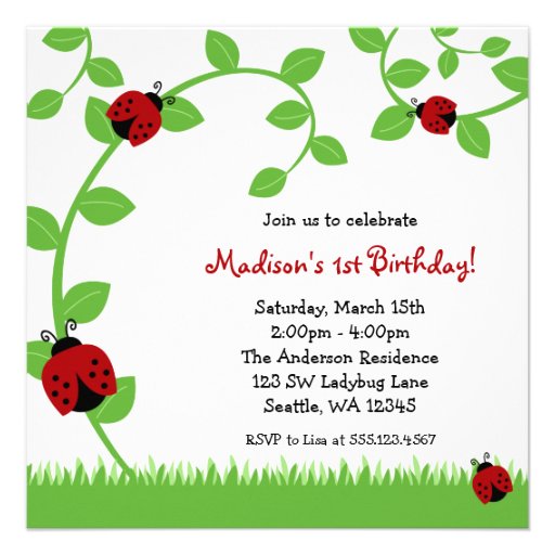 Red Ladybug Vines Birthday Party Invitations (front side)