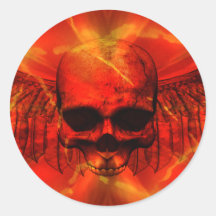 Red Lava Burst Winged Skull Round Sticker