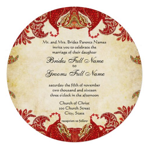 Red, Lime & Orange Vintage Paisley Damask Wedding Personalized Invitation