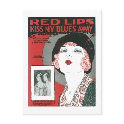 Red Lips Kiss My Blues Away Songbook Cover Postcard by vintagegiftmall