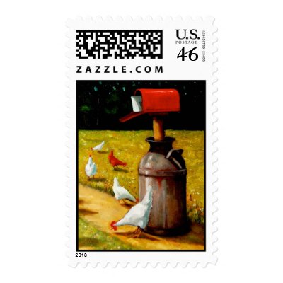 RED MAILBOX, CHICKENS, STAMP