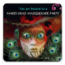 RED MASK AND  PEACOCK FEATHERS MASQUERADE PARTY INVITATIONS