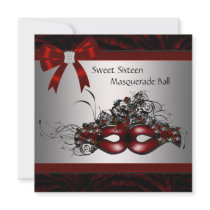 Red Mask Sweet 16 Masquerade Party Personalized Announcements