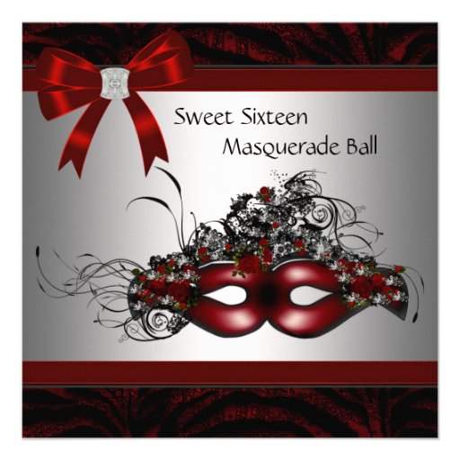 Red Mask Sweet 16 Masquerade Party Personalized Announcements
