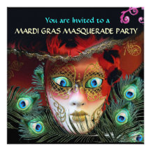 RED MASK WITH  PEACOCK FEATHERS MASQUERADE PARTY PERSONALIZED INVITATIONS