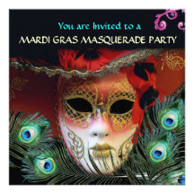 RED MASK WITH  PEACOCK FEATHERS MASQUERADE PARTY PERSONALIZED INVITE