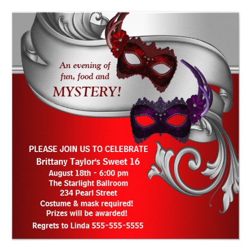 Red Masks Sweet 16 Masquerade Party Announcement