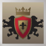 Red Medieval Lion Heraldry Poster