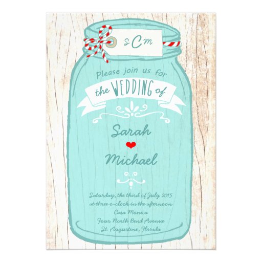 Red & Mint Mason Jar Wedding Personalized Invite