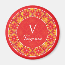 Red Monogram Decorative Floral Tiles Magnet