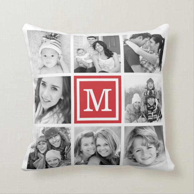 Red Monogram Instagram Photo Collage Throw Pillow