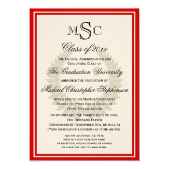 Red Monogram Laurel Classic College Graduation 4.5x6.25 Paper Invitation Card by CustomInvites at Zazzle