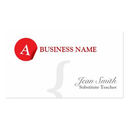 Red Monogram Substitute Teacher Business Card (front side)