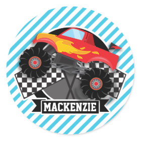 Red Monster Truck; Checkered Flag; Blue Stripes Classic Round Sticker