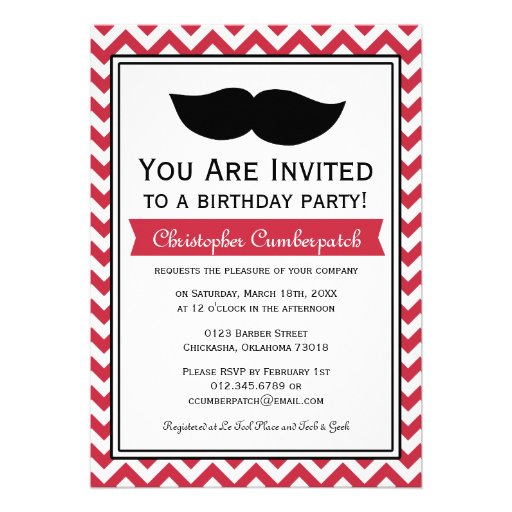 Red Moustache Chevron Birthday Party Custom Invite