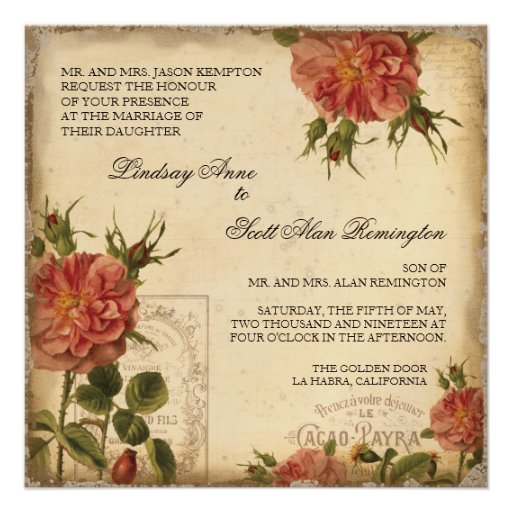 Red n Cream Vintage Eiffel Tower Rose Wedding Invite