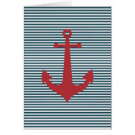 Red nautical anchor on striped blue background greeting card