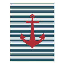 Red nautical anchor on striped blue background post card