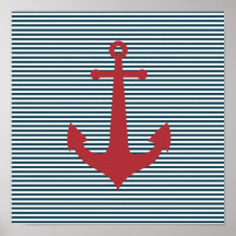 Red nautical anchor on striped blue background posters