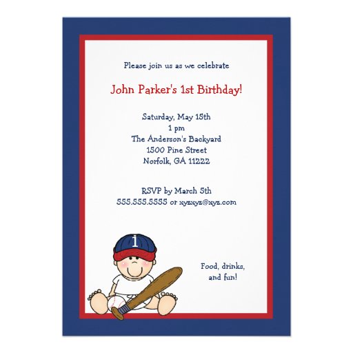 Red Navy Blue  Baseball 1st Birthday Party Invite