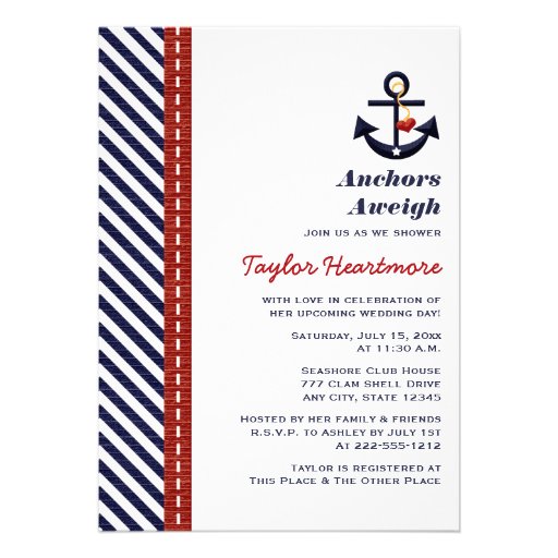 Red Navy Blue Nautical Bridal Shower Invitations (front side)