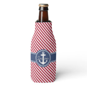 Red & Navy Stripes Nautical Anchor Monogram Bottle Cooler