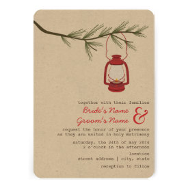 Red Oil Lantern Evergreen Tree Camping Wedding Invitation