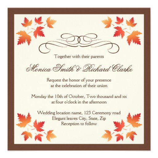 Red orange autumn leaves elegant fall wedding custom invitations