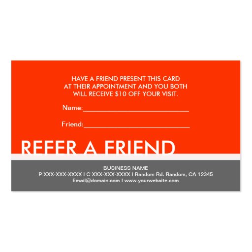 Red orange gray simple refer a friend cards business card templates (front side)