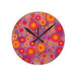 Red Orange & Purple Hippy Flower Pattern Round Wall Clocks