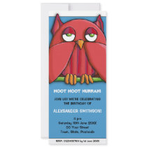 Red Owl aqua Birthday Party 3 Invitation