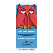 Red Owl aqua Birthday Party 3 Invitation