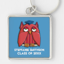 Red Owl Grad aqua Graduation Square Keychain