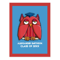 Red Owl Grad aqua red Graduation Invite Postcard postcards