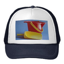 Red pail and yellow scoop trucker hats