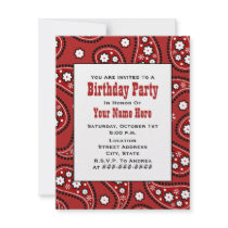 Red Paisley Bandana Inspired Birthday Invitation