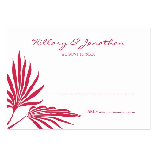 Red palm leaf wedding escort seating place card business card templates (front side)